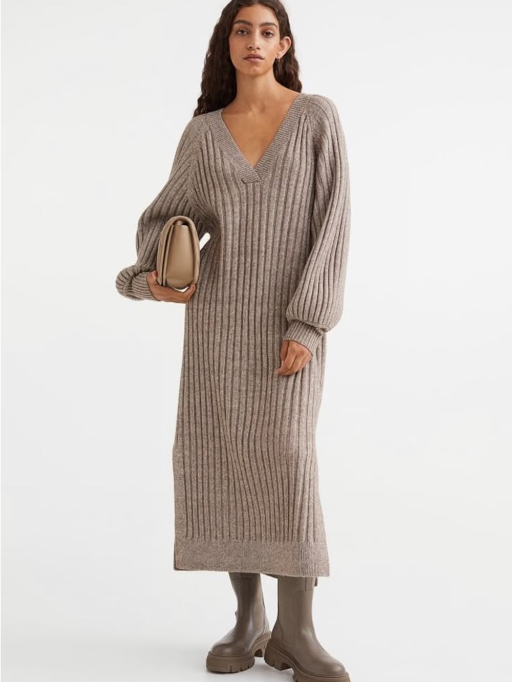 H&M Neck Ribbed Knit Maxi Dress in Taupe BNWT